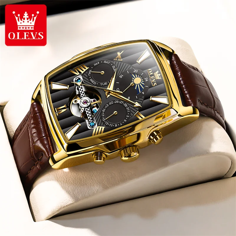 

OLEVS Luxury Rectangular Dial Mechanical Watches Waterproof Leather Automatic Luminous Watch Business Men relogios masculino