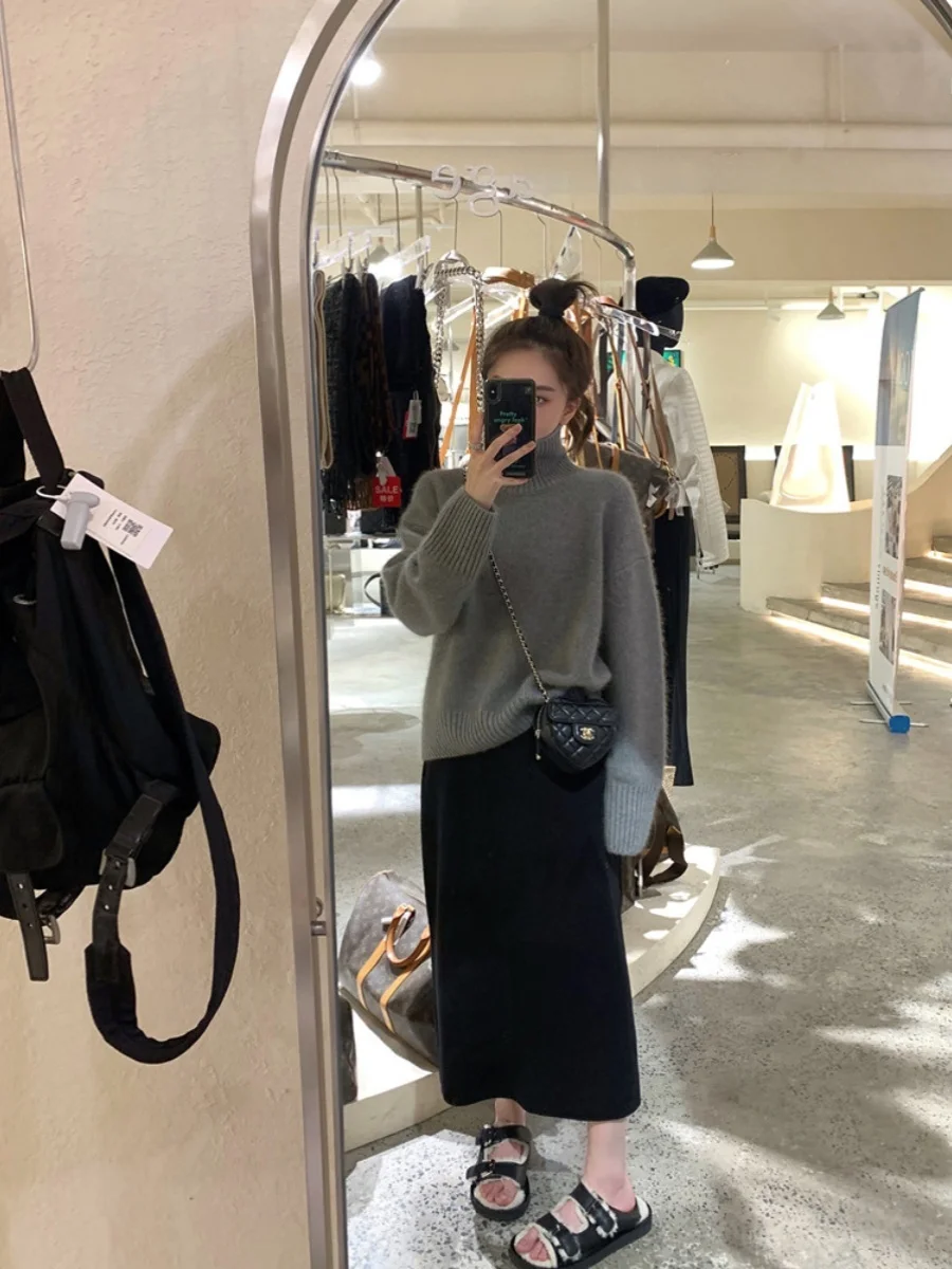 Ladies' Knitted Woolen  Skirt High Waist A-Line Step-On Skirt Simple  Color Commute Sle Autumn Winter Faion