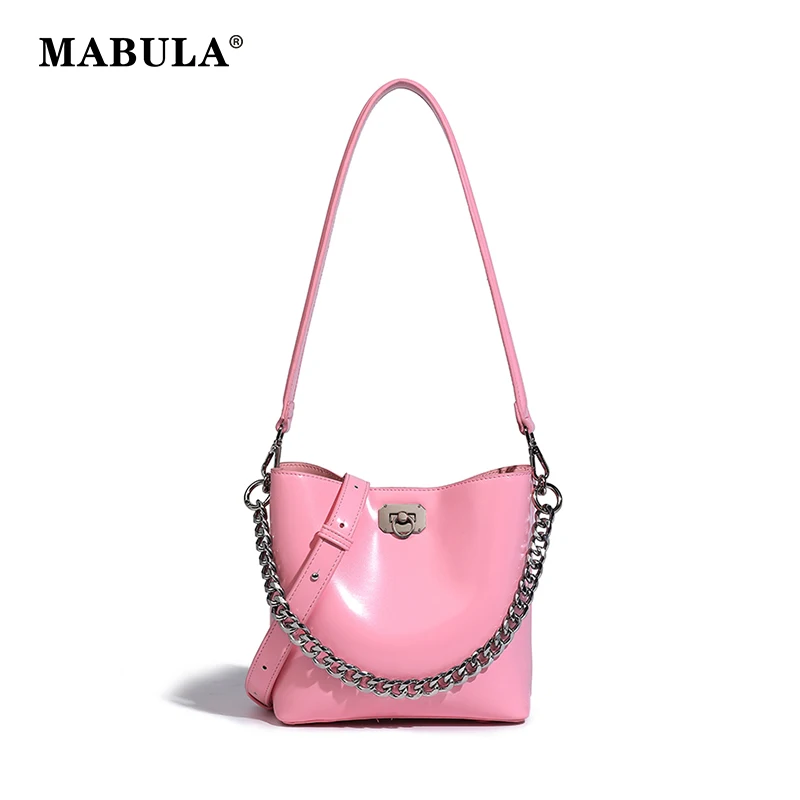

MABULA PU Leather Women Shoulder Bags Small Bucket Tote Handbags with Fashion Chain, Female Simple Design Crossbody Bag Purse