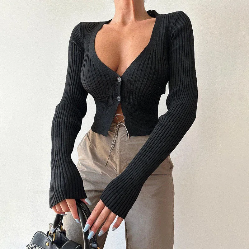 용수철 가을 골지 단색 V넥 긴팔 버튼 스웨터, 여성 패션 의류, 스트리트웨어, 도매 스웨터, 가디건
