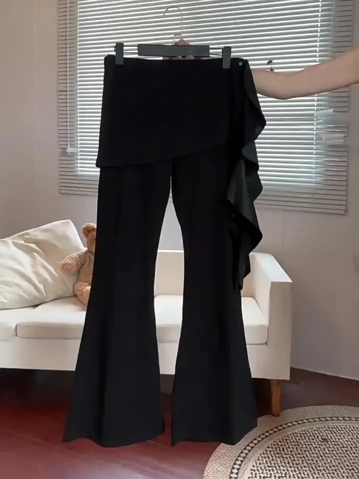 Women Black Goth Baggy Flare Pants with Skirt Vintage Y2k Pants