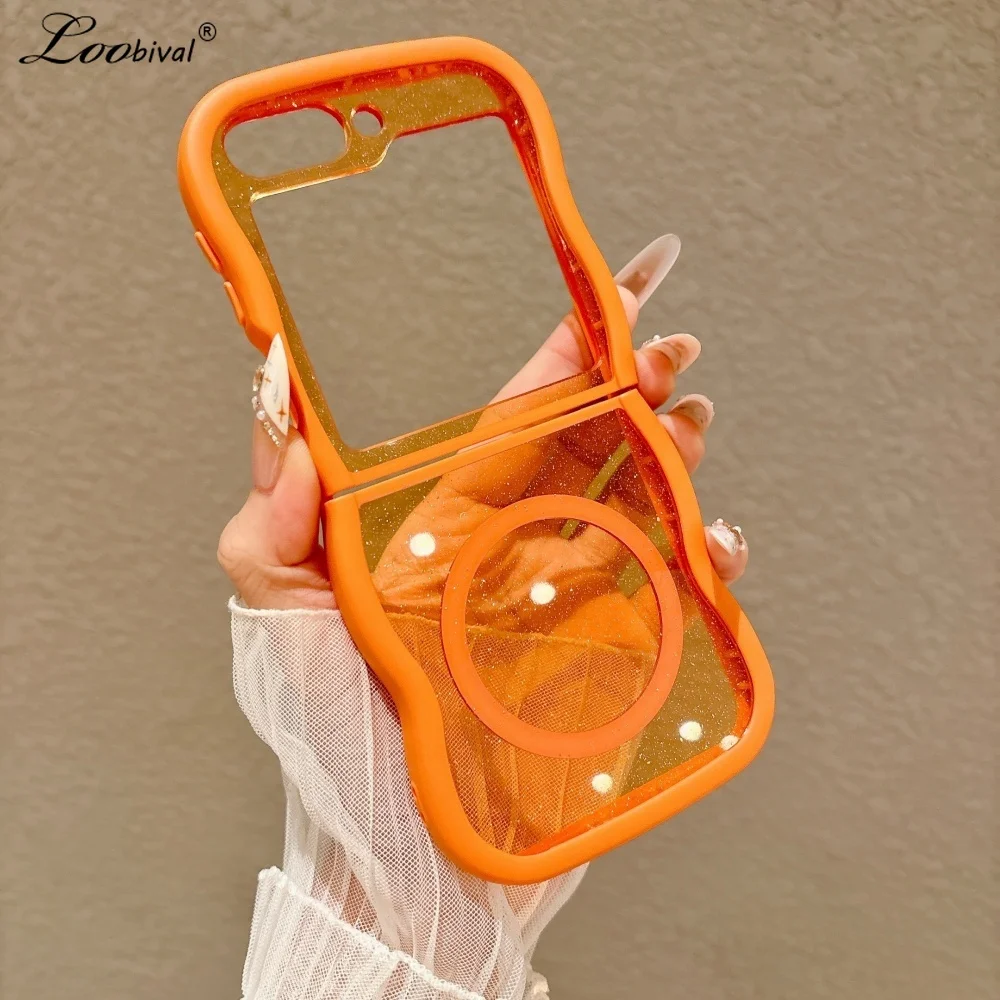 Luxury Transparent Glitter Case with Magnetic Wave Border, Shockproof Cover