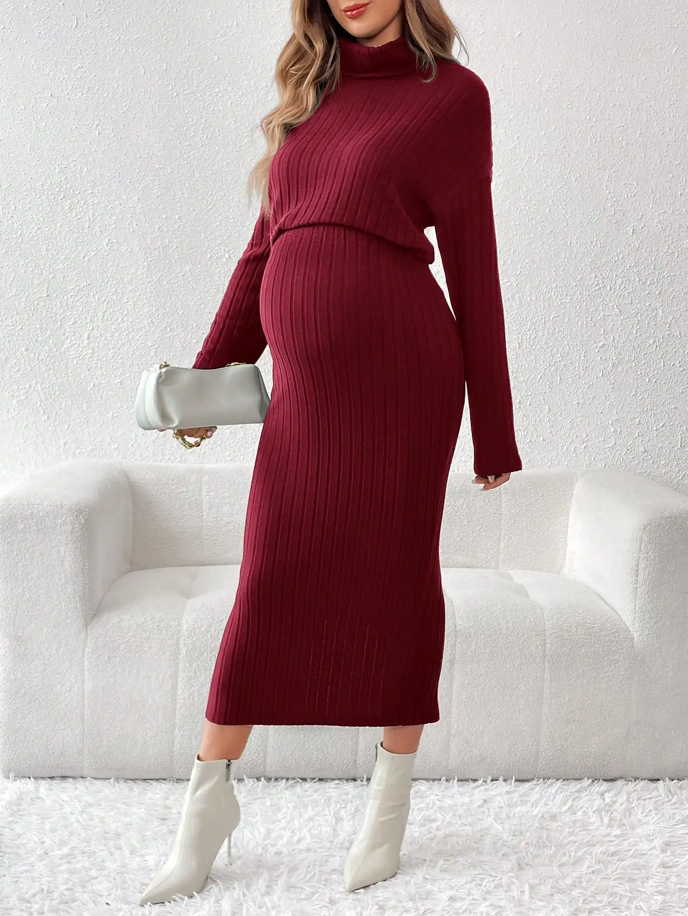 Red autumn and winter knit high elastic high neck hoodie, split skirt elegant casual maternity two-piece set