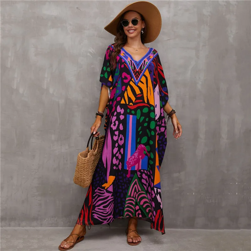 18 Styles Boho Printed Long Kaftan Women Summer Clothes Sexy Short Sleeve Maxi Dress Beach Wear Swim Suit Bikini Cover Up