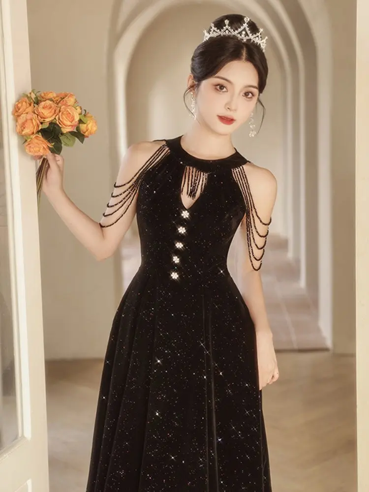 

Черное официальное вечернее платье с открытыми плечами и бахромой, высококачественное бархатное банкетное платье с круглым вырезом, женское блестящее облегающее платье с тонкой талией