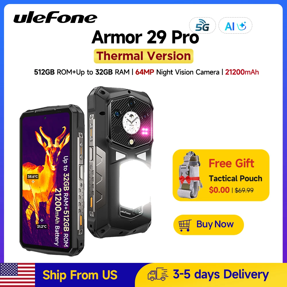 【Ship From US】Ulefone Armor 29 Pro Thermal Version 21200mAh 120W Smartphone Android 15 5G Rugged Phone 6.67" 120Hz 512GB ROM