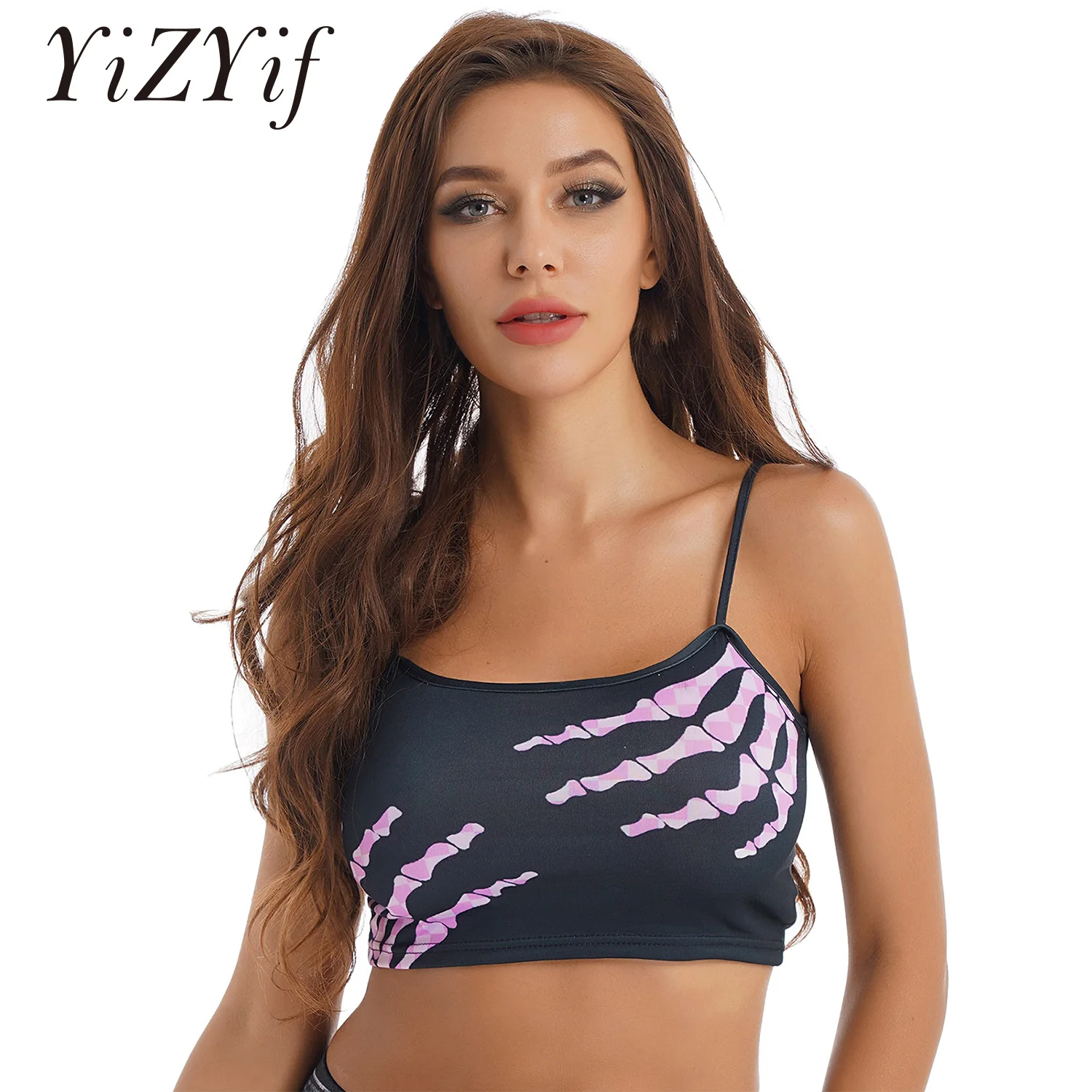 

Womens Crop Top Sexy Clubwear Summer Human Skeleton Hand Printed Camisole Casual Spaghetti Strap Sleeveless Tights Vest