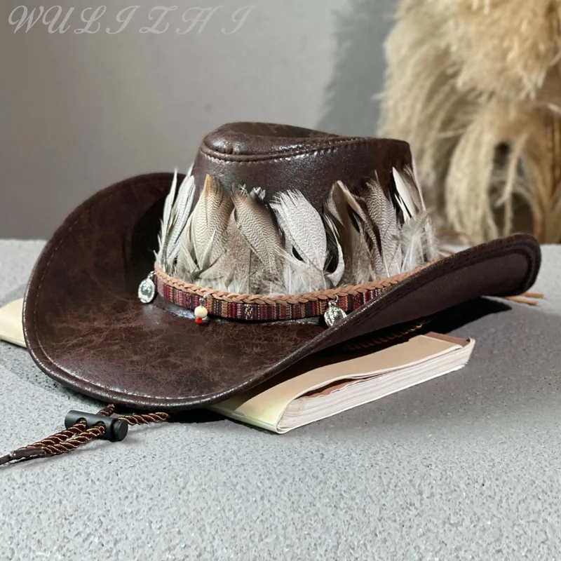 

Feather Grained Leather Jazz Hat Vintage Ethnic Style Western Cowboy Hat Men Women Four Seasons Outdoor Sunshade Wide Brim Hat