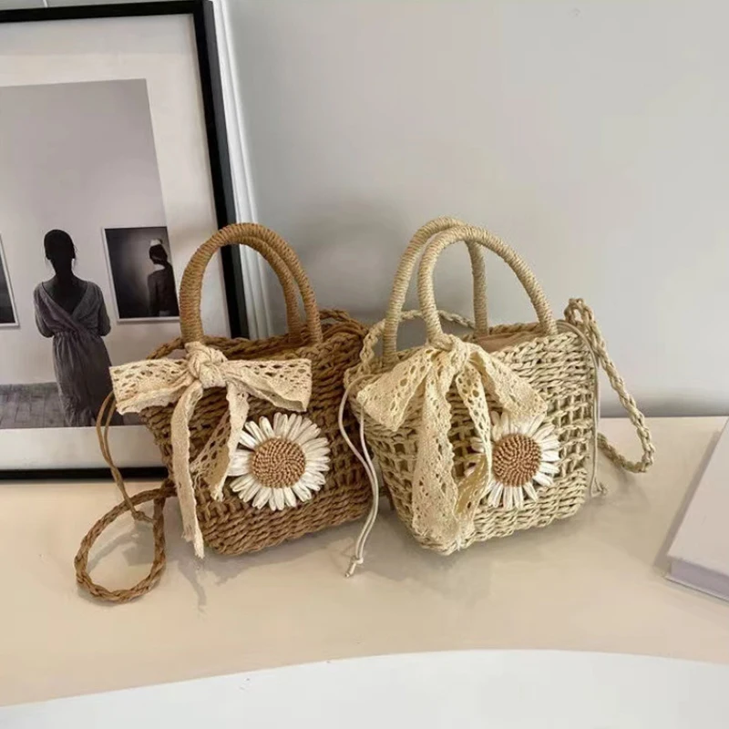 Luxury Designer Lace Bow Straw Weave Women's Handbag Casual Crossbody Bag Small Bucket Tote Summer Beach Bag
