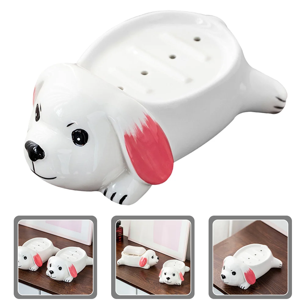 

Cute Ceramic Little Dog Countertop Drain Soap Holder Cartoon Dish White Lovely Tray Bathroom Case Minimalistic Decor
