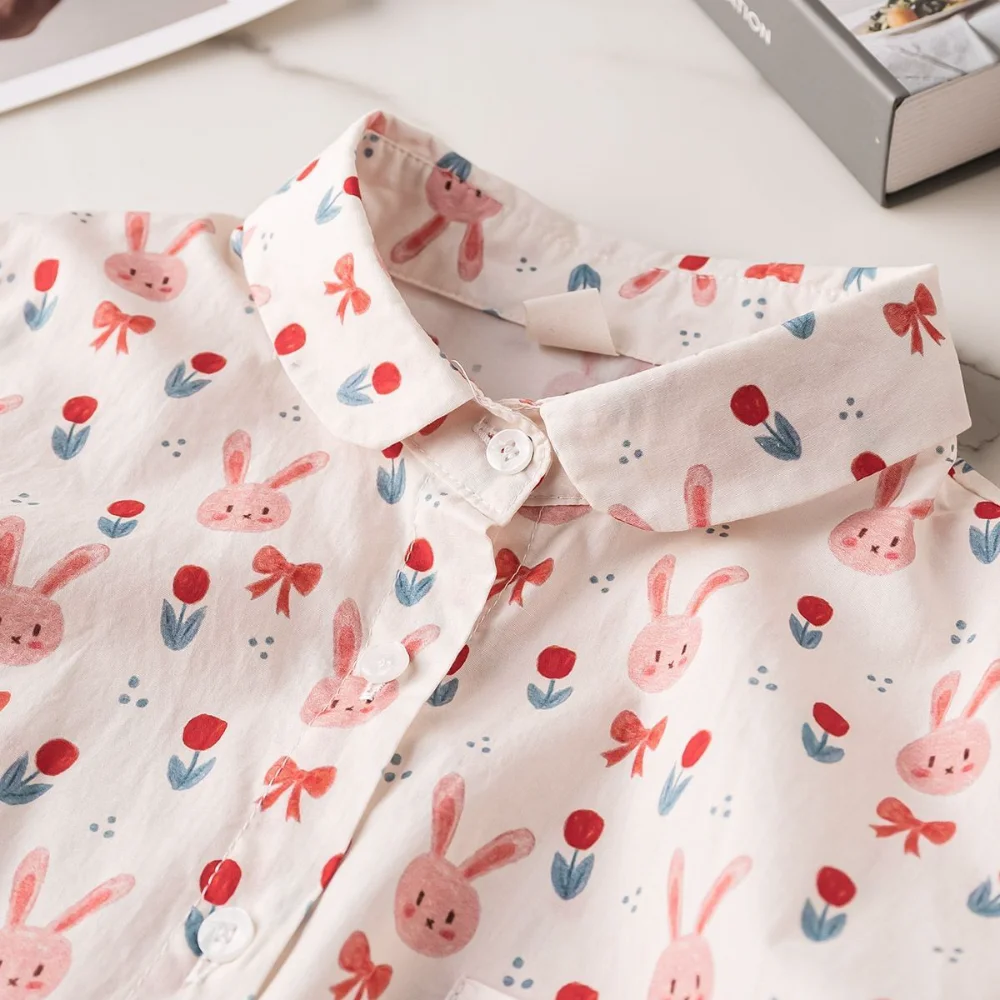 

Harajuku Cartoon Rabbit Fashion Flower Shirts Summer Womens Tops Short Sleeve Loose Kawaii Button Up Blouse Casual Teenage Girls