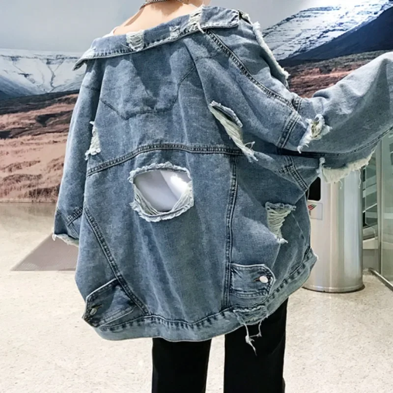 

Denim Jacket Y2K Fashion Ripped New Outerwear Streetwear Hip Hop Broken Hole Jackets for Women Women's Jeans Jacket