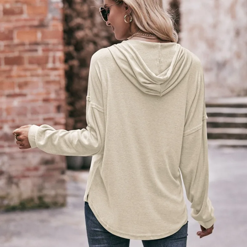 Women's Autumn Winter New Solid Color Long Sleeve V-Neck Hoodie Pull Rope Sweatshirts Casual Loose Female Clothing Pullover Top