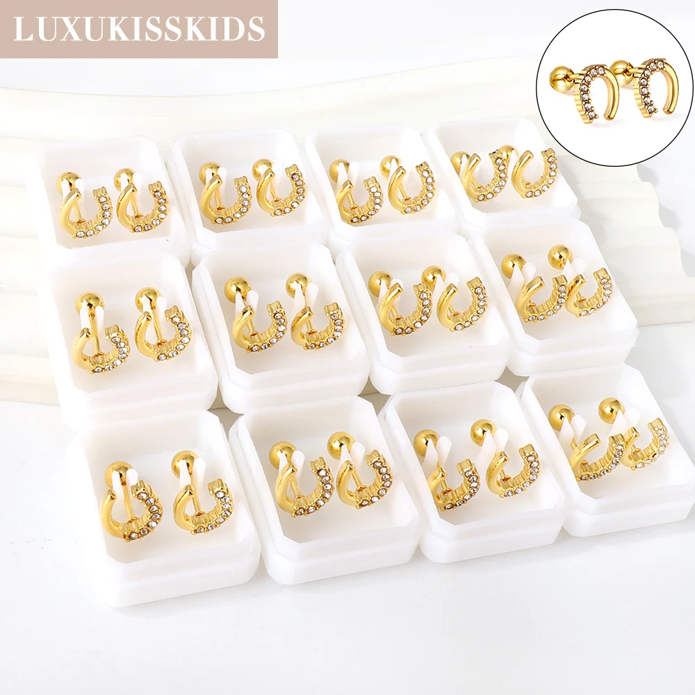 LUXUKISSKIDS 12Pairs Horseshoe Earrings Studs Cubic Zirconia Small Piercing Surgical Steel U Shape серьги Gold Plated Accessory
