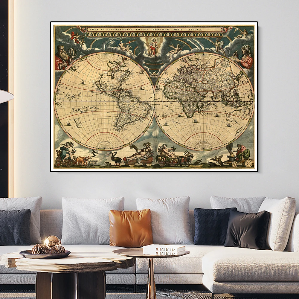 Vintage World Map with Medieval Latin Portuguese Decor Wall Art Poster 150*100cm Living Room Home Decoration School Supplies