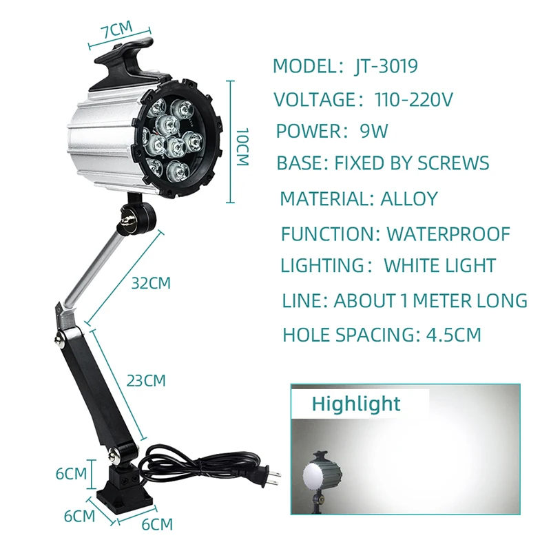 Industrial lamp Waterproof Long Arm Oil Dust-proof Fixed Base 9W 110-220V LED Milling CNC Machine Tool Light For Repair /Sewing