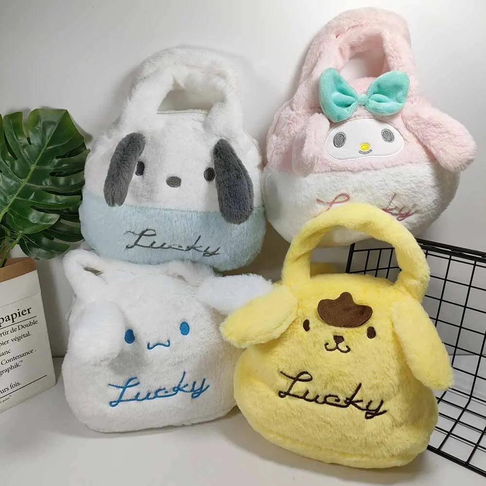 Cartoon Sanrioed Plush Handbag Cinnamoroll Melody Purin Pachacco Plush Bag Soft Stuffed Dolls Storage Bags Kids Girls Gifts