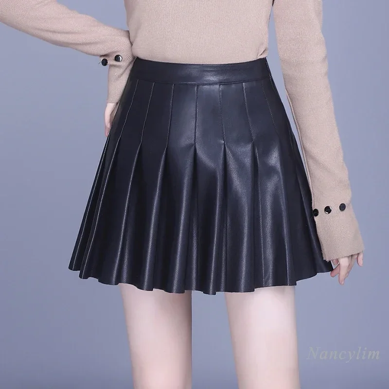Apricot Leather Skirt Woman Autumn Winter New Short Real Leather Skirt High Waist Slimming A- Line Sheepskin Pleated Skirt Lady