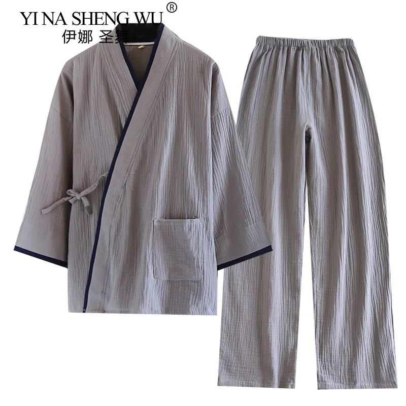 Japanese Style Spring and Autumn Thin Men's Kimono Hanfu Pure Cotton Gauze Pajamas Plus Size Home Steaming Suit