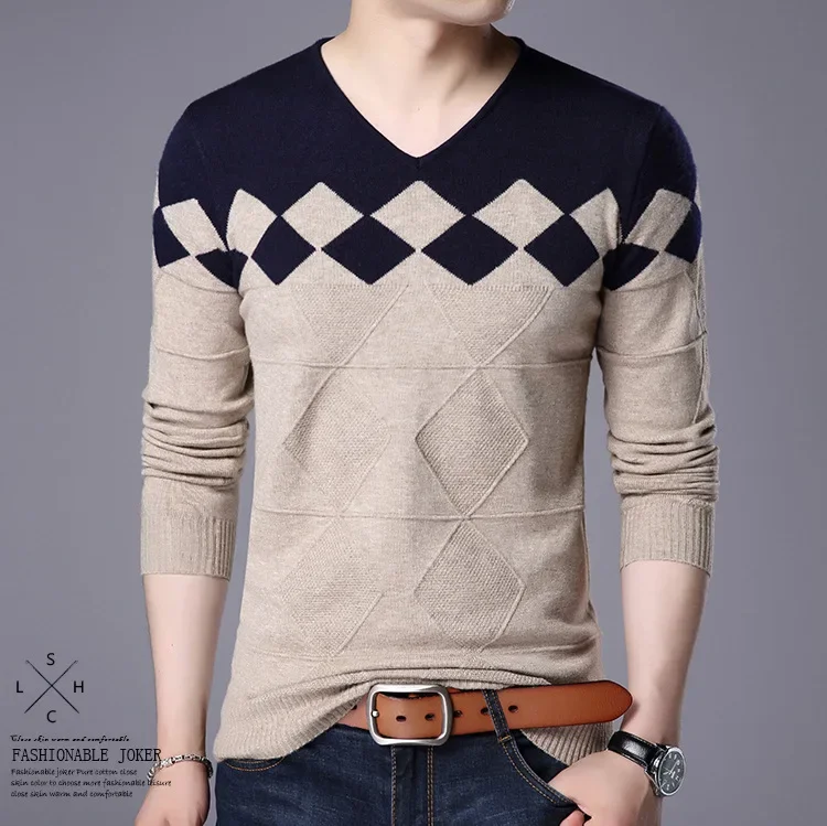 Description Picture 2 of itemKorean Fashion New Men Sweater Casual Cashmere Wool Men's Sweater Autumn Slim Fit Pullovers Men Argyle Pull Men's Sweaters