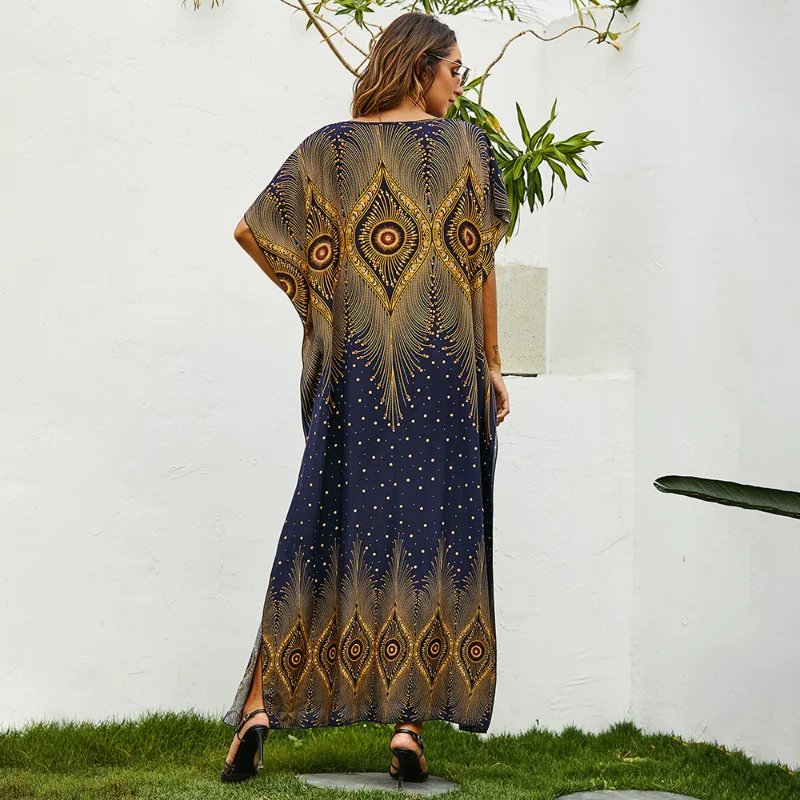 2023 New Middle East Muslim Abayat Loose Print Abaya Femme European and American Holiday Print Women's Long Dress Wholesale