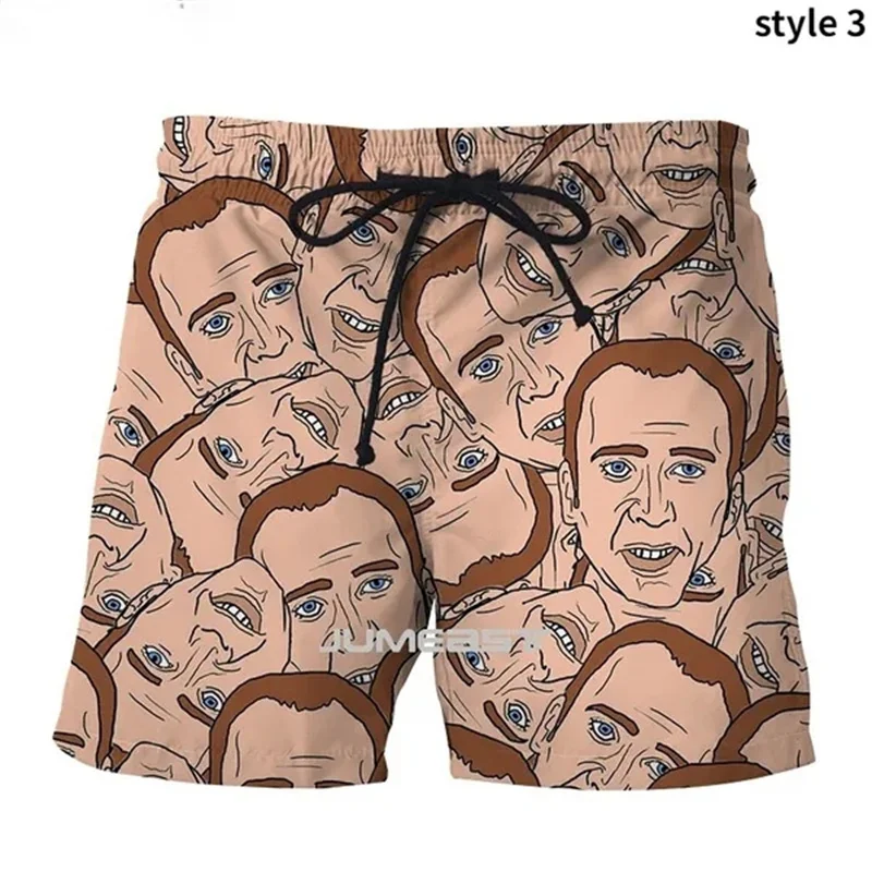 Nicolas Cage Funny Face Graphic Beach Shorts Men Cool 3D Printed Board Shorts Swimsuit Summer Hawaii Swim Trunks Kids Ice Shorts 5