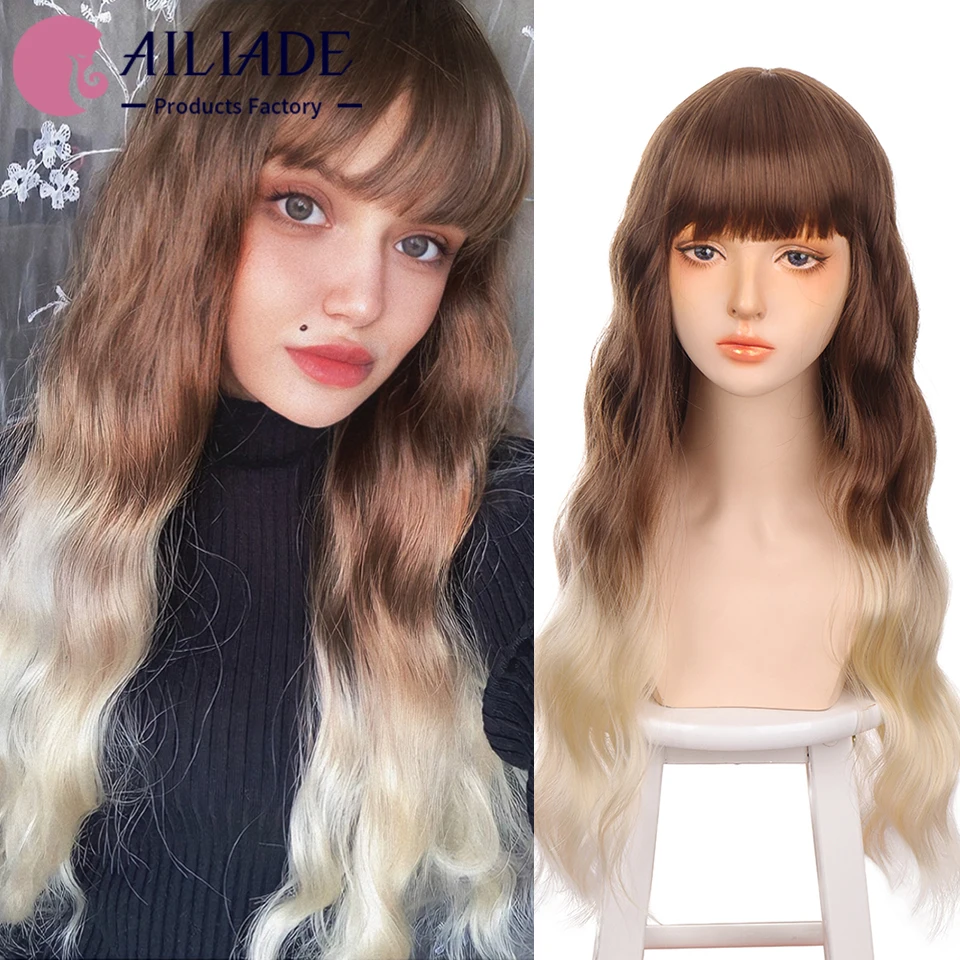 

AILIADE Long Wavy Synthetic Wigs for Women Heat Resistant Natural Brown Black Pink Hair Party Cosplay Lolita Wigs with Bangs