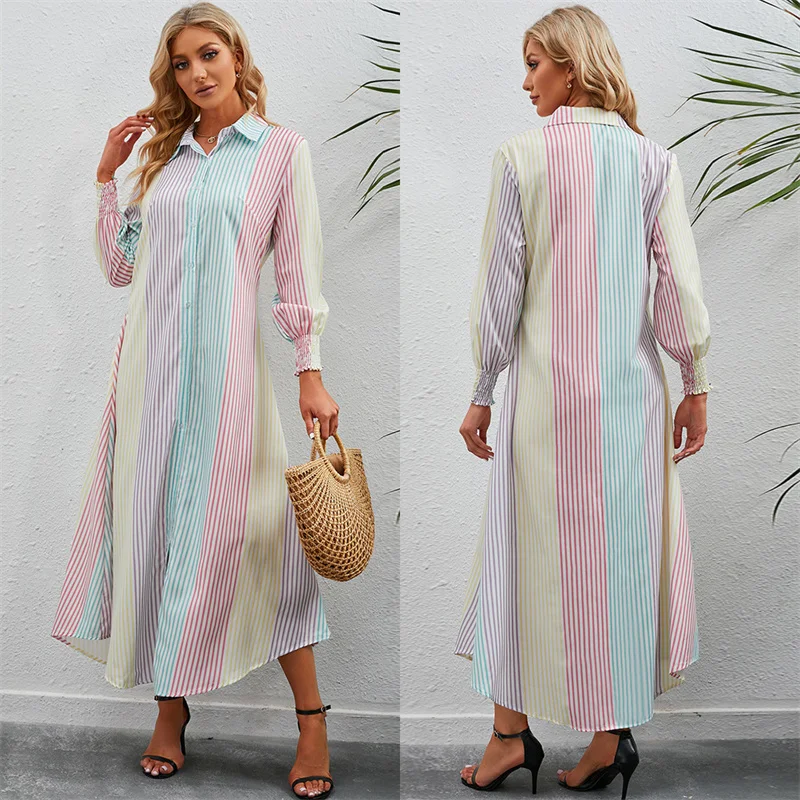 Casual Colored Striped Shirt Dress for Women Fall 2023 Long Sleeve Lapel Single-breasted Midi Dress