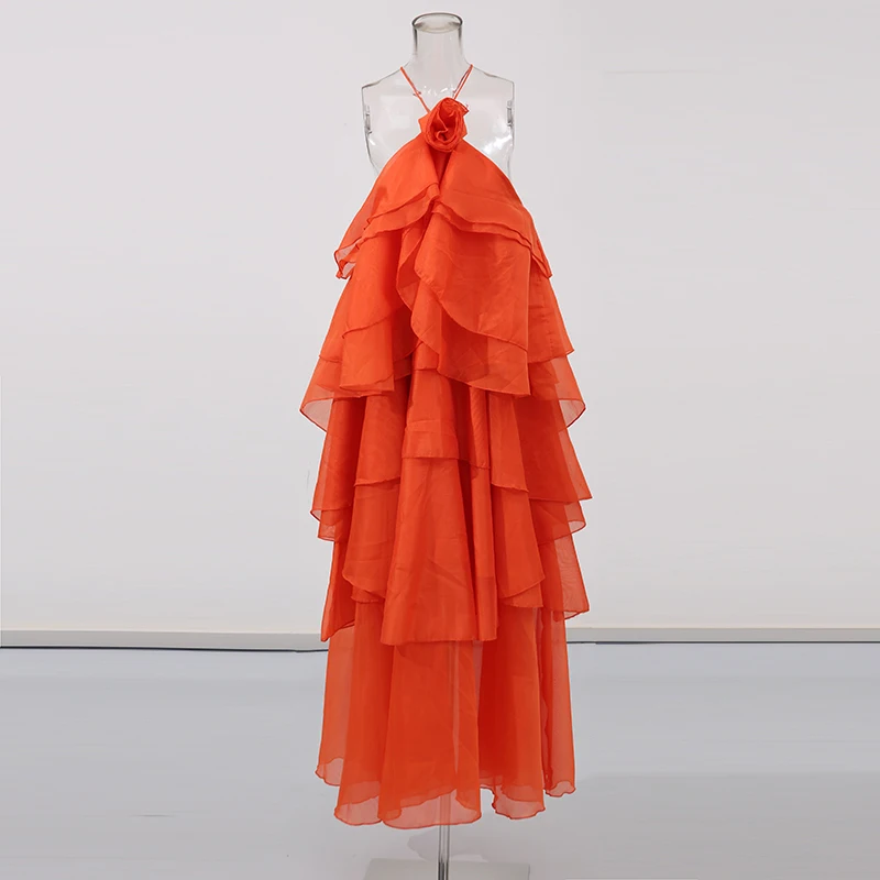 Elegant Halter Dress - Solid Ruffled Backless Sleeveless Fashion for Women