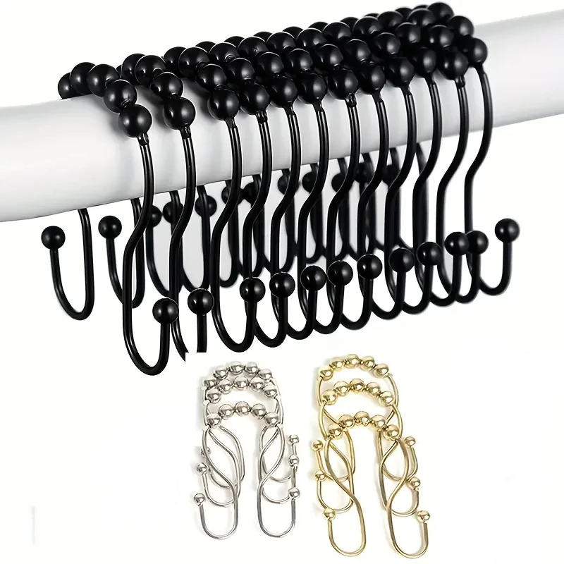 12Pcs Stainless Steel Double Hook Shower Curtain Ring, Curtaines Hookes Hanging Without Punching Smooth Durable