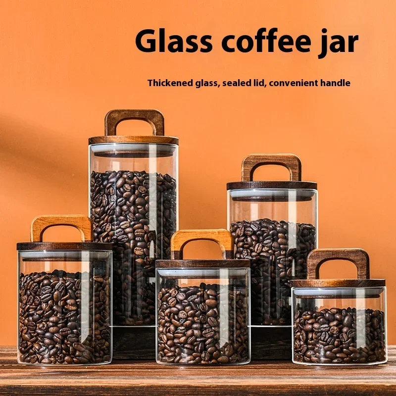 Coffee Bean Glass Sealed Jar with Wooden Lid Transparent Tea Grains Candy Jars Food Storage Containers Kitchen Storage Bottles 3