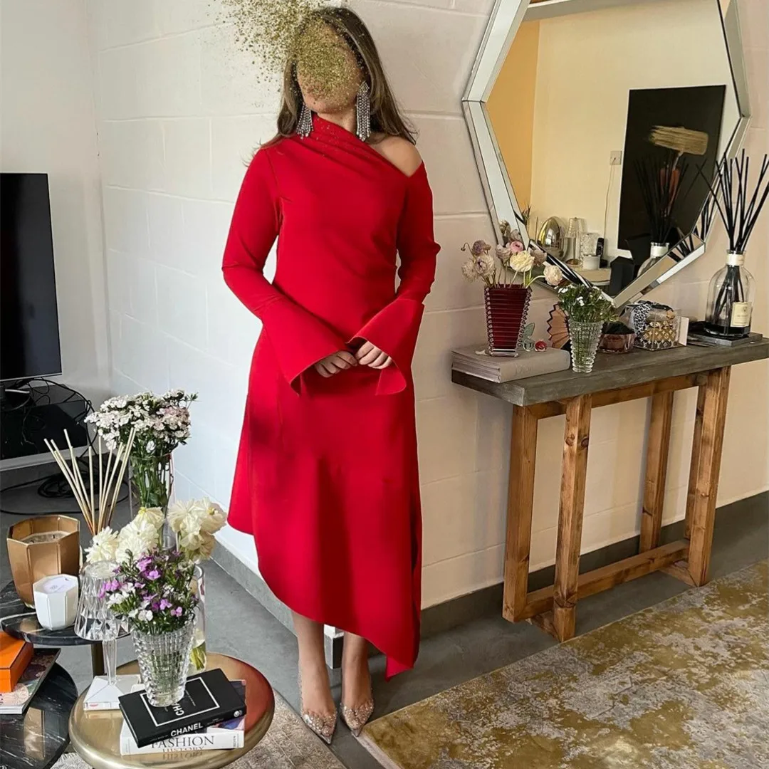 

Vintage Long Sleeve Red Evening Dresses فساتين السهرة Sheath Asymmetrical Crepe Prom Dress Robe de soirée for Women