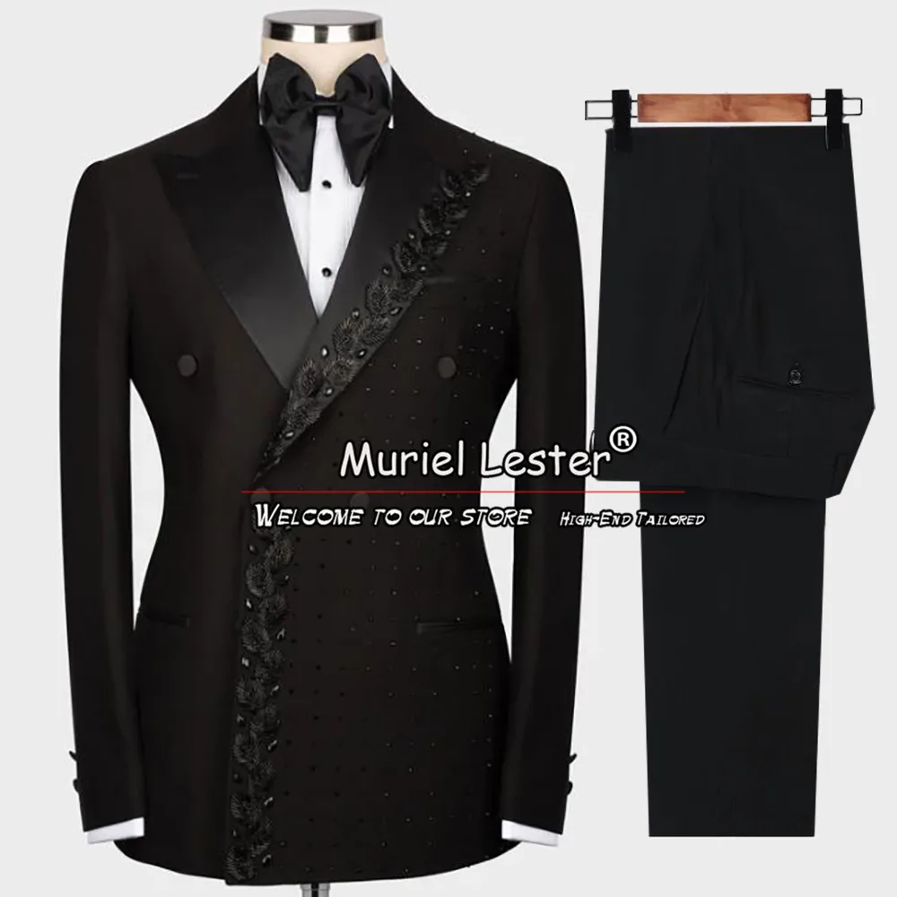 Koninklijke Bruidegom Bruiloft Smoking Gouden Kralen Revers Heren Pakken Custom Made Double Breasted Prom Blazer Broek 2 Stuks Man Feestjurk