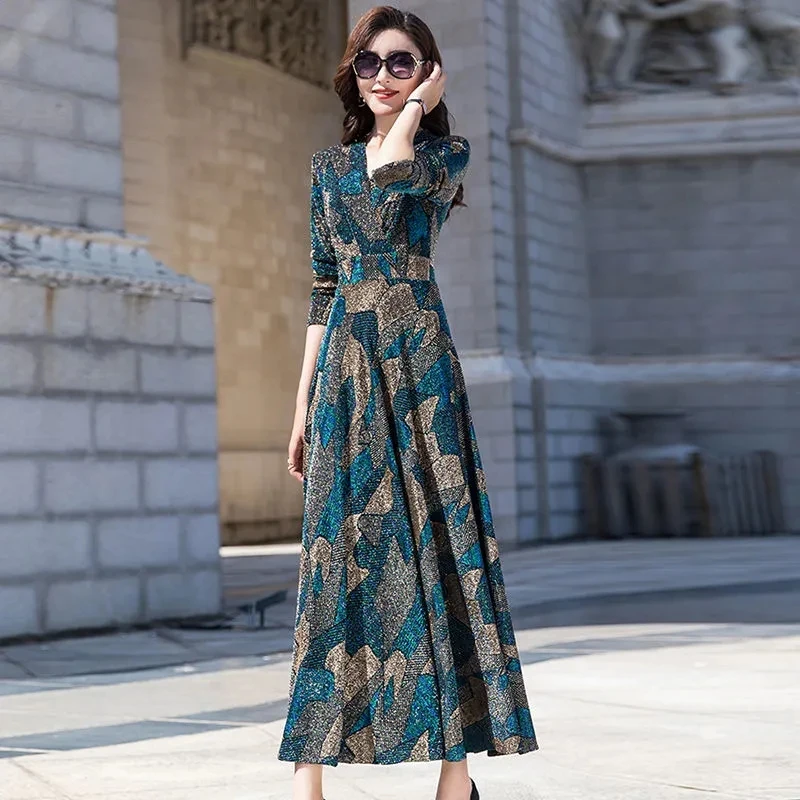 Autumn New Dress Women's 2022 Fashion Printing V-Neck Waist Slim Travel Holiday Swing A-Line Dress Temperament Ladies Dresses
