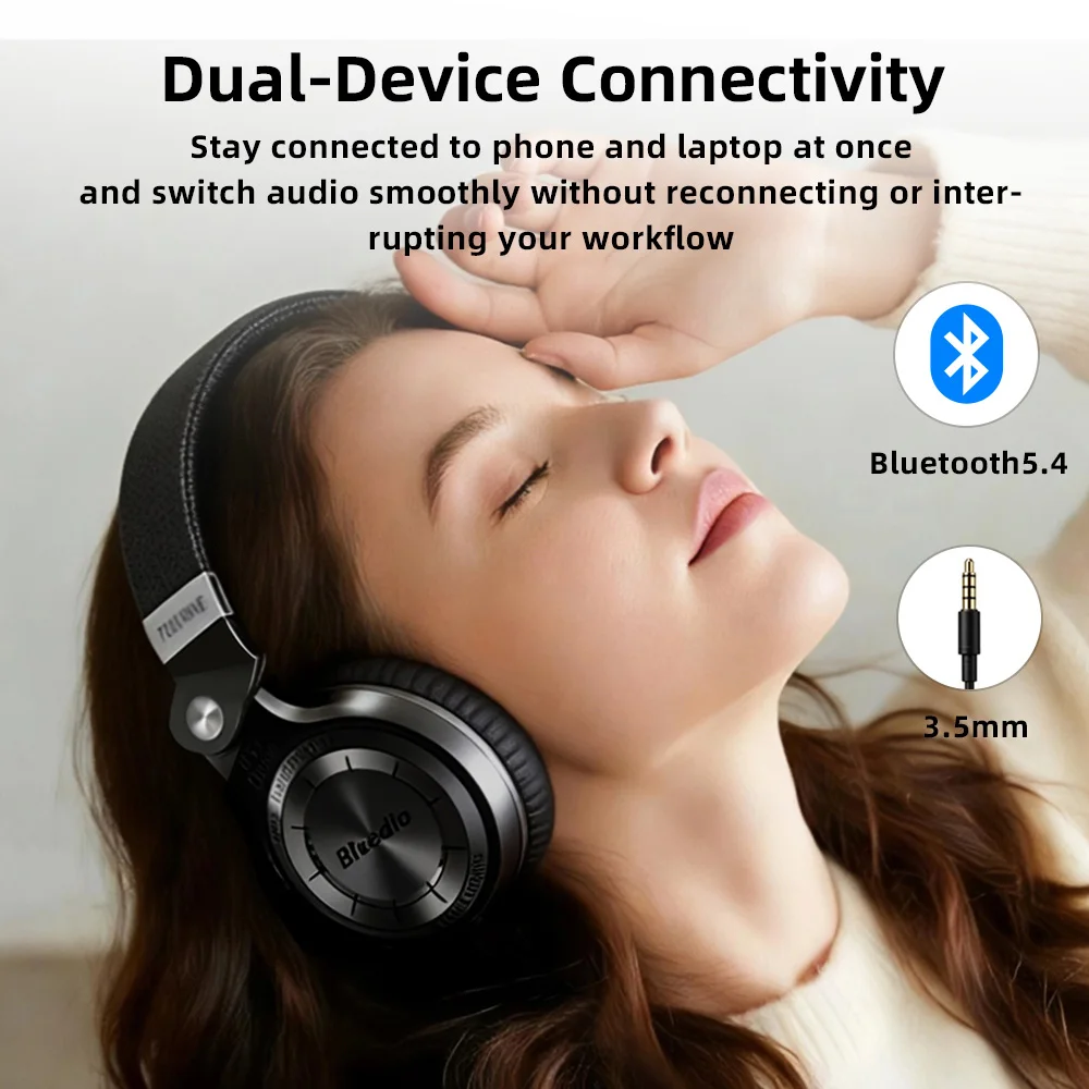 Bluedio T2+ Bluetooth Headphones – Wireless Foldable Headset with Bluetooth 5.4, 57mm HiFi Drivers, Strong Bass & SD Card Music Player 5