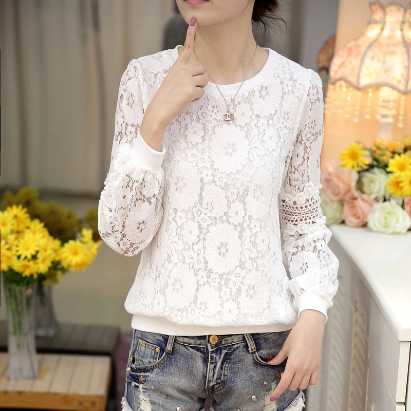 Fashion New Elegant Women's Round Neck Embroidered Long-sleeved Chiffon Shirt Pearl Decorative Hollow Casual Lace Blouse