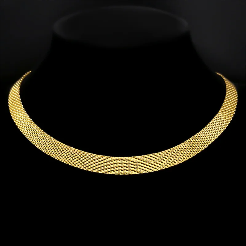 Flache Netzketten-Halskette für Damen und Herren aus Edelstahl in Goldfarbe, Mesh-Halsketten, Choker-Schmuck, Hochzeitsgeschenk, Joyas – Detail 7