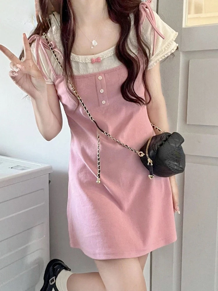 

Fake Two Pieces Y2k Aesthetic 2023 Summer Dresses for Women Japanese All Match Vestidos De Fiesta Contrast Color Harajuku Dress