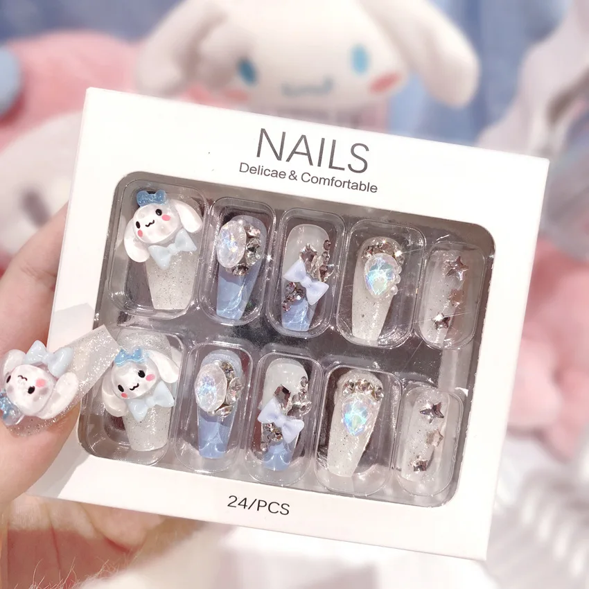 

Накладные ногти Sanrio Cinnamoroll, съемные ногти ручной работы, Мультяшные ногти, полное покрытие, искусственный маникюр, носимые ногти, подарок для девочек, 24 шт.