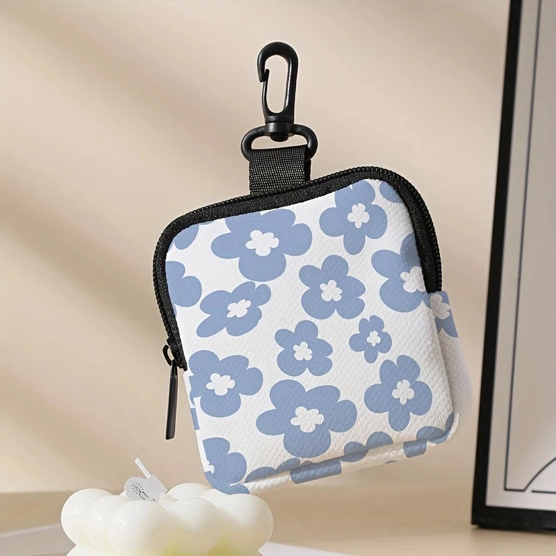 1pc，Blue floral pattern printing large capacity coin wallet digital printing coin wallet storage bag, ideal choice for gifts