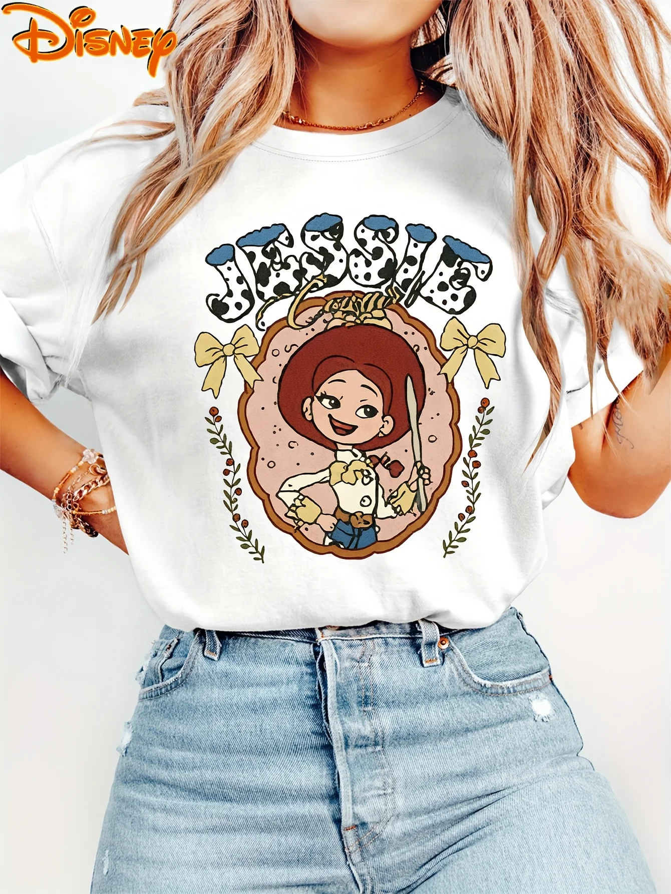 Ladies' Disney Short-Sleeve T-Shirt Featuring Toy Story'S Jessie The Cowgirl Series Print This Round-Neck Summer Top Women