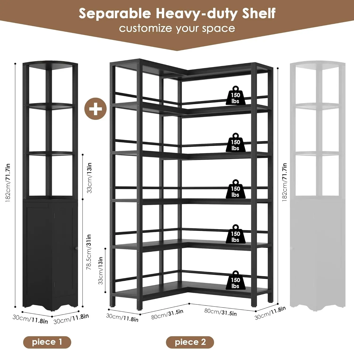 72" Tall Corner Book Shelves Cases 2 Pieces Open Bookcase Large Storage Display Shelf Standing 6 Tier Shelving Unit with Cabinet