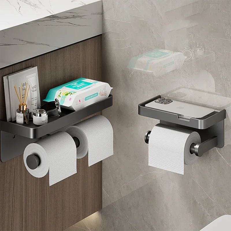 Toilet Paper Holder Wall-Mounted Double layer Paper Roll Holder With Storage Tray Organizer Phone Stand Bathroom Accessories toilet paper holder