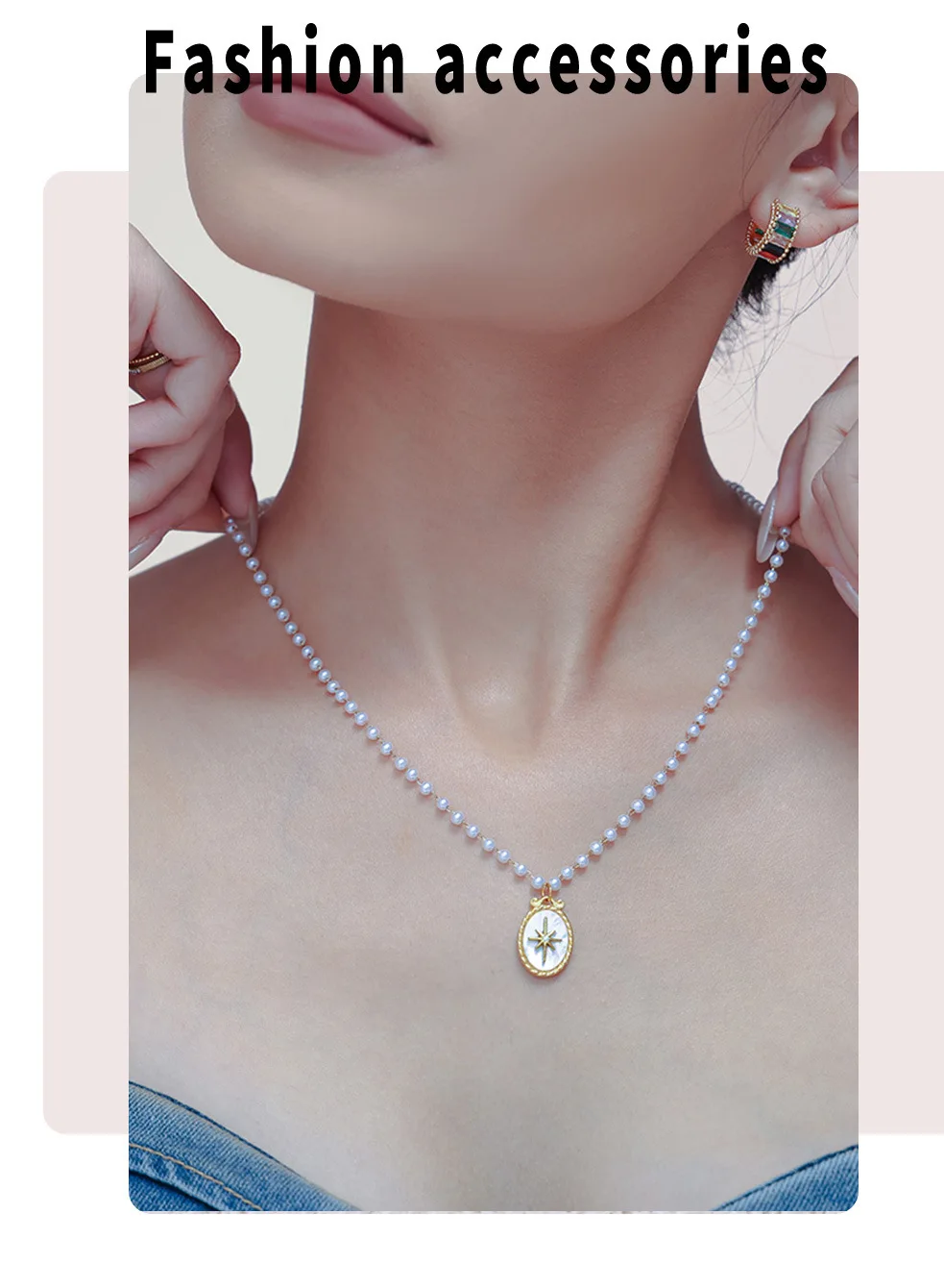Elegante Halskette mit Imitationsperlenkette und kubischem Zirkon-Muschelanhänger für Damen, Edelstahl-Strangperlen, handgefertigter Choker-Schmuck. – Detail 6