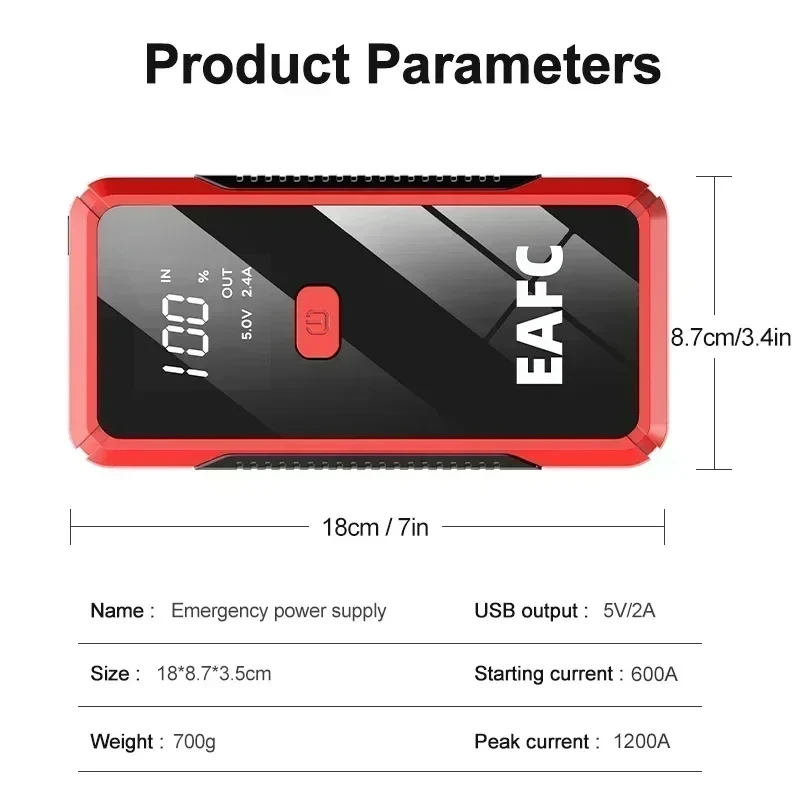 EAFC 12V Car Jump Starter β 600A to 2000A Peak Battery Booster, Portable Power Bank Emergency Starter for Cars, Motorcycles & Trucks 5