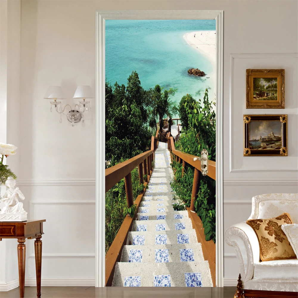 3D Wood Bridge Beach Door Cover Wallpaper Sticker Adesivi Per Porte Da Garage Europei Pvc Rallye Porte Deur Stickers Foto Personalizzata