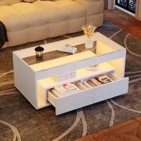 Table basse avec éclairage LED 16 couleurs, table de canapé rectangulaire avec 2 grands tiroirs, table de salon en verre, design à double couche 4
