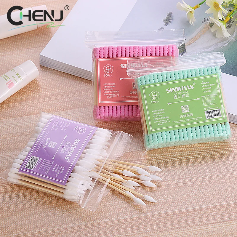 Double Head Cotton Swab Women Makeup Cotton Buds Tip For Medical Wood Sticks Nose Ears Cleaning Health Care Tools 100pcs/Pack