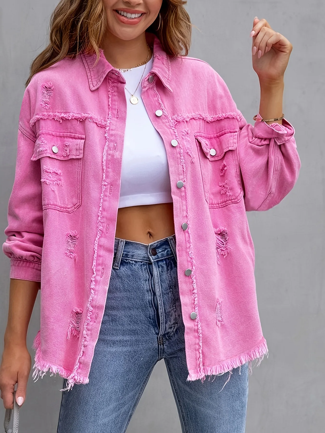 

Liooil Sexy Ripped Burrs Denim Jackets And Coats Women Button Up Cardigan Tops New Spring Autumn Streetwear Hole Jean Outwears