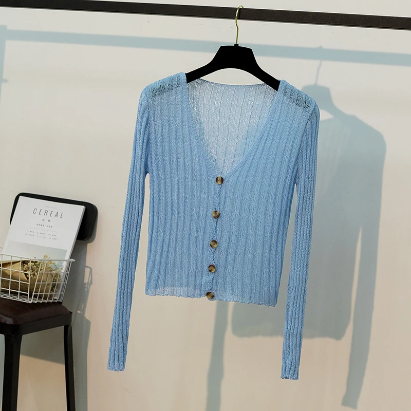 

Thin Lightweight Knitted Women Sweater And Cardigan Autumn New 2022 Solid V-neck Button Short High Waists Female Coats Tops